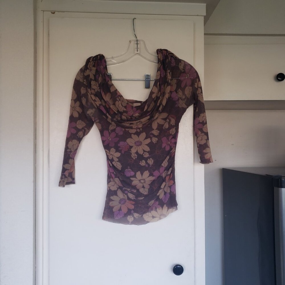Sweet Peas Top Brown with Pink and Cream Flowers Size M